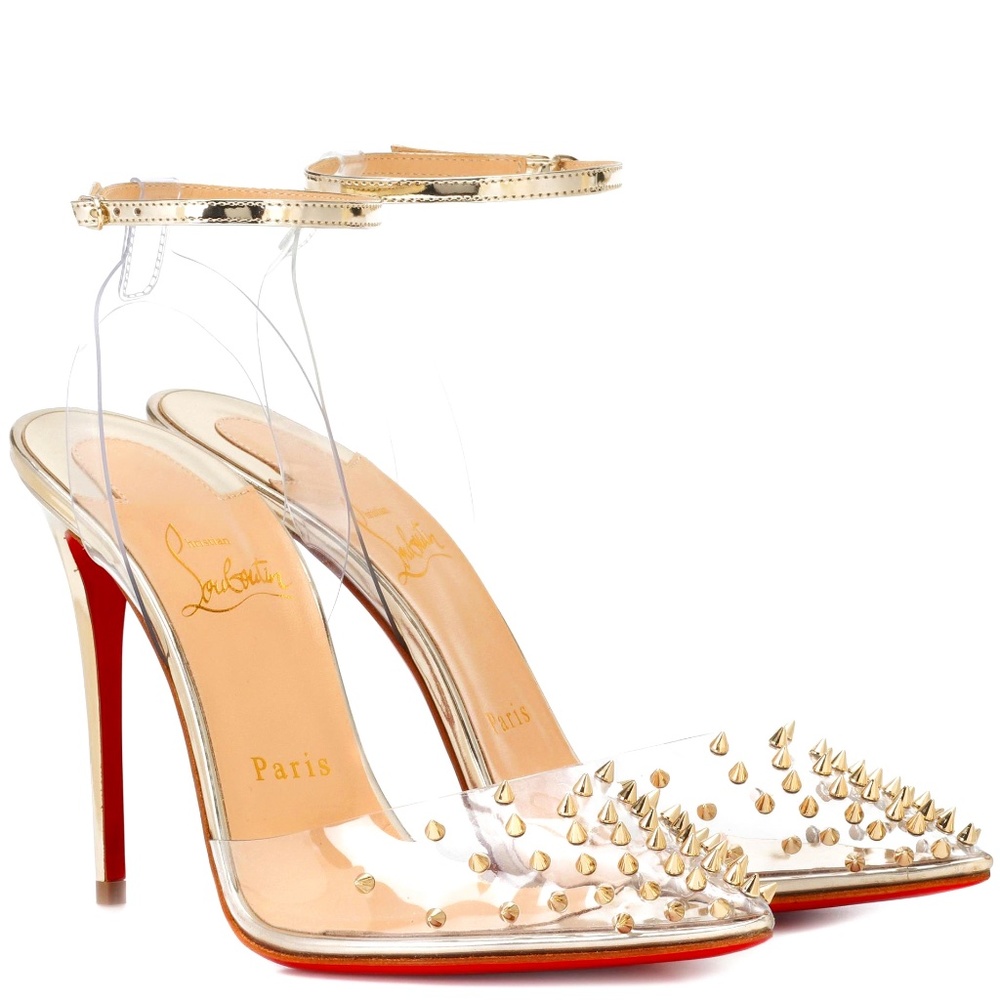 Christian Louboutin Spikoo PVC Heels Clear Gold Stud Red Bottom Pumps Sz 38.5